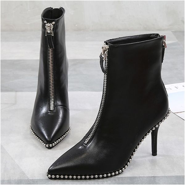 

rivet decor boots women fashion pointed toe high heels front back zippers shoes woman new thin heel ankle boots for women t200425, Black
