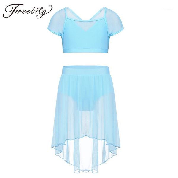 

kids teens cap sleeves ballet tutu dance set mesh splice crop with skirt girls stage contemporary lyrical dance costumes1, Black;red