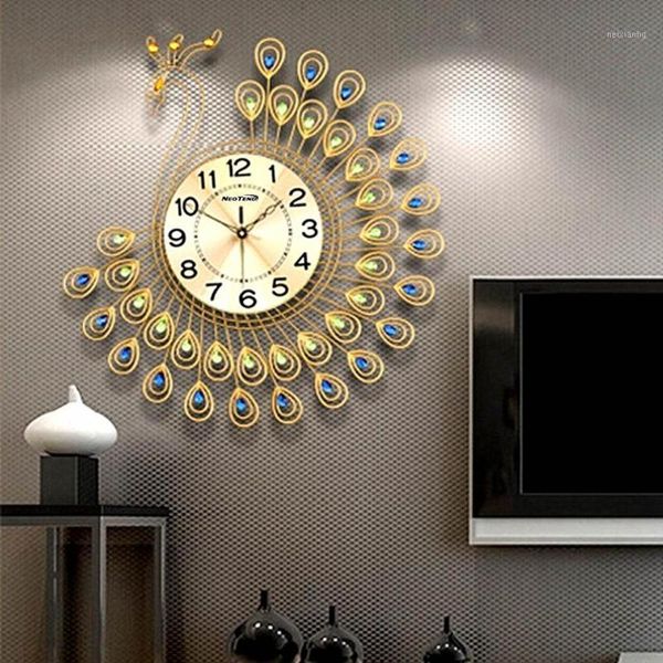 

wall clocks large 3d gold diamond peacock clock metal watch for home living room decoration diy crafts ornaments gift 53x53cm1