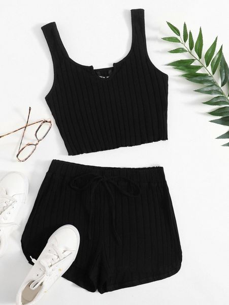 

notch neck rib-knit tank & shorts set b1qi#, White