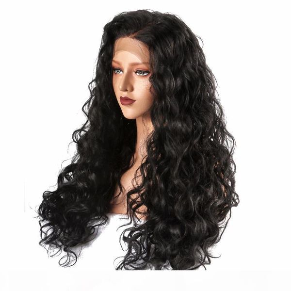 

curly synthetic lace front wigs for white women long length glueless 180 density 1b black color kinky curly synthetic wig for women, Black;brown