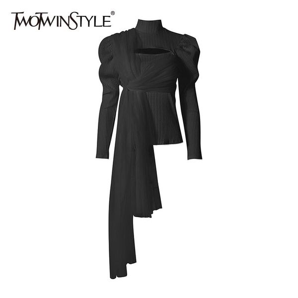 

twotwinstyle asymmetrical patchwork mesh sweater for women turtleneck long sleeve hollow out knitted female fashion autumn h1211, White;black