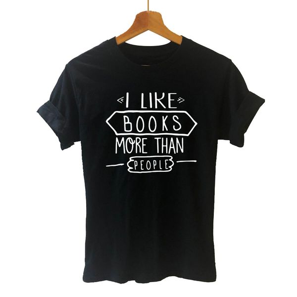 

i like book more than people printed letters t shirt funny teeshirt women clothing casual short sleeve tees, White