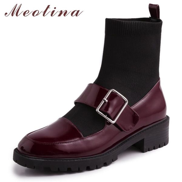 

boots meotina autumn ankle women natural genuine leather buckle flat short slim knitting round toe shoes ladies size 34-39, Black