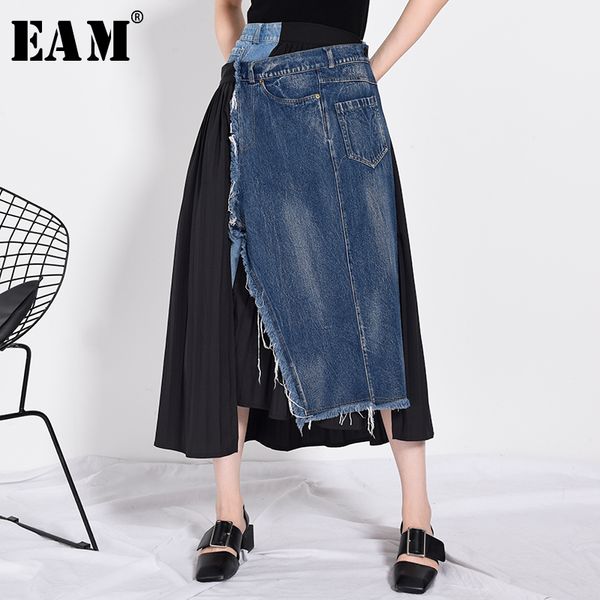 

eam] high elastic waist blue denim stitch pleated irregular half-body skirt women fashion tide new spring autumn 2020 jz26505 q1209, Black
