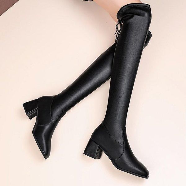 

boots shoes lady lace up thigh high heels boots-women stiletto over-the-knee 2021 rubber square toe short plush, Black