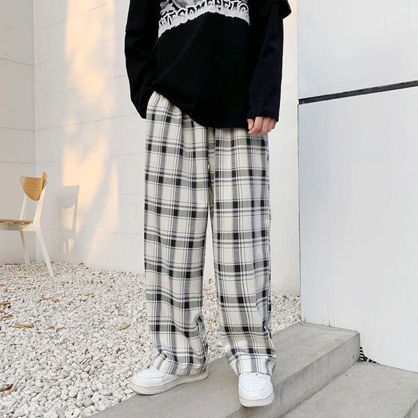 

spring summer plaid pants men's fashion retro casual pants men streetwear korean loose straight wide leg mens trousers, Black