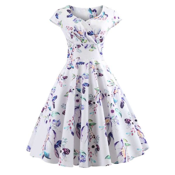 

short collar hepburn sleeve swing 50sv print dress, Black;gray