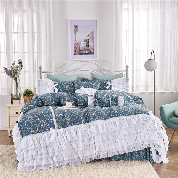

korean princess lace embroidery blue floral skirt-style cake layers ruffles bedding set pure cotton pillow sham duvet cover set1