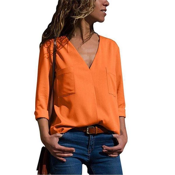 

women blouses fashion spring long sleeve v-neck shirt office blouse shirt ladies solid color blusas with pockets bigsweety full, White