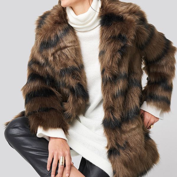 

coffee artificial fur coat autumn winter women's clothing elegant lapel outerwear warm plush pockets jacket plus size kg-114, Black