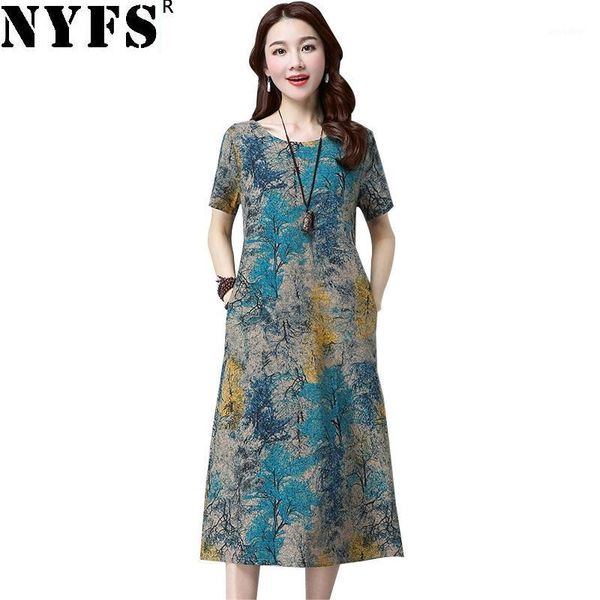 

nyfs 2020 new summer dress vintage cotton linen printing long dress vestidos elbise robe -4xl size1, Black;gray