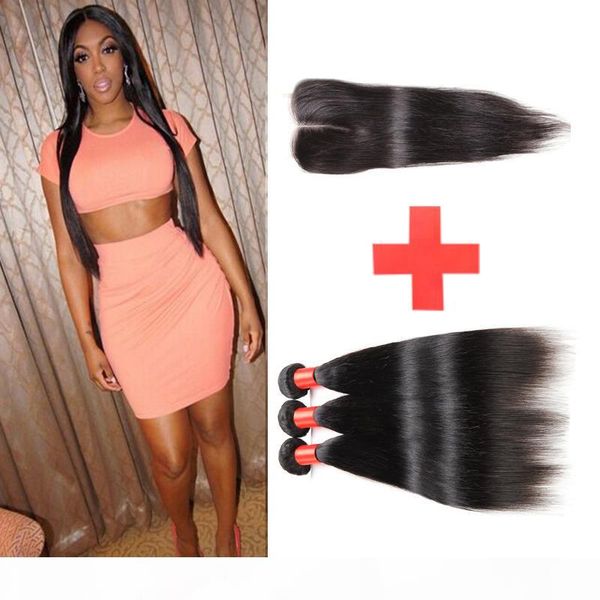 

brazilian virgin hair straight with closure 3 bundles brazilian straight hair with closure 7a unprocessed human hair weave, Black
