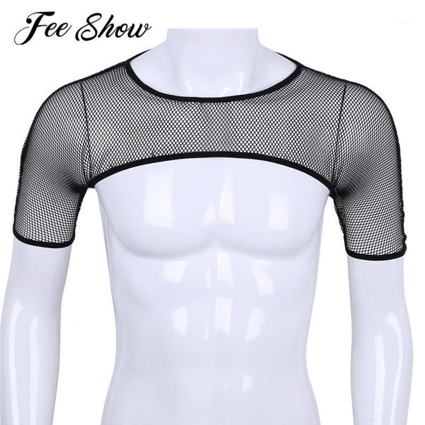 

2018 mens see through mesh fishnet chest strap harness black short sleeves crop hollow out clubwear half tank, White;black