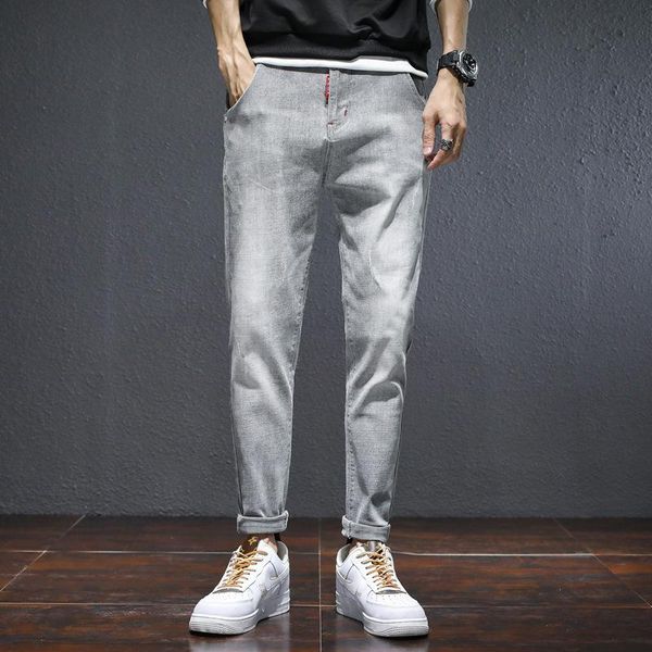 

men's jeans fashion tide stretch men korean youth high street hip hop slim fit trousers small feet zipper straight casual denim pants, Blue