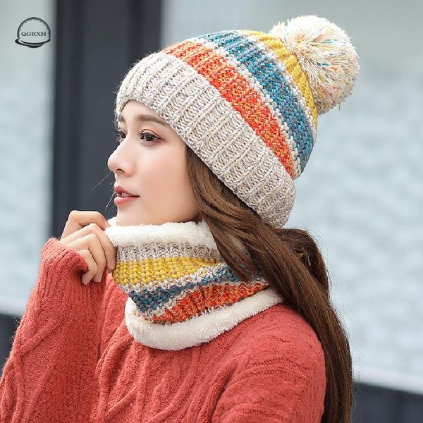 

winter hats for women mixed color stripe knitted beanies hat scarf 2 pieces sets thick warm skullies beanies caps female bonnet, Blue;gray