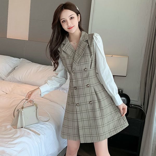 

2021 plaid women long sleeve female stitching designer 2021 spring casual party lady one-piece dress korean vbvm, Black;gray
