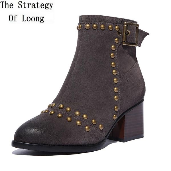 

women spring autumn winter genuine leather flock rivets thick high heel buckle side zipper fashion ankle boots sxq1013, Black