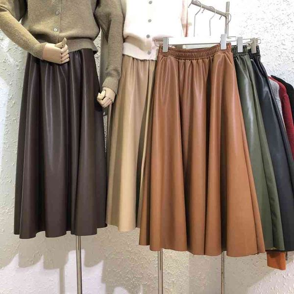 

skirts autumn leather sheepskin skirt women splicing half high waist long umbrella mujer faldas pleated 2grw, Black