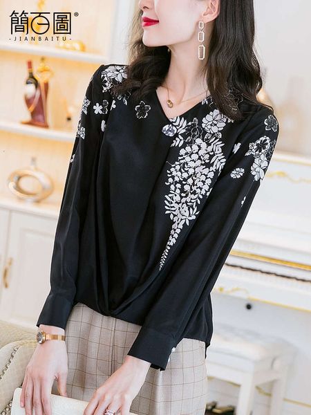 

black shirt female long sleeve 2021 spring drs new fashion printing personalized v-neck mulberry silk top, White