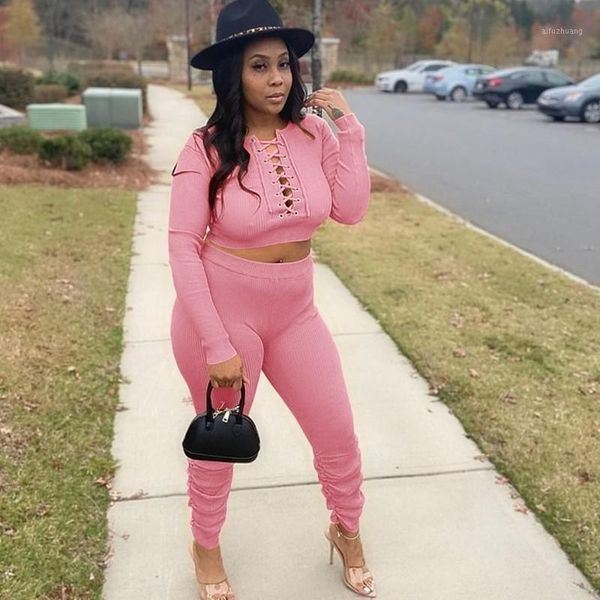 

streetwear ribbed bodycon two piece set winter casual 2 piece sets womens outfits elegant lace up crop and stacked pants set1, Gray