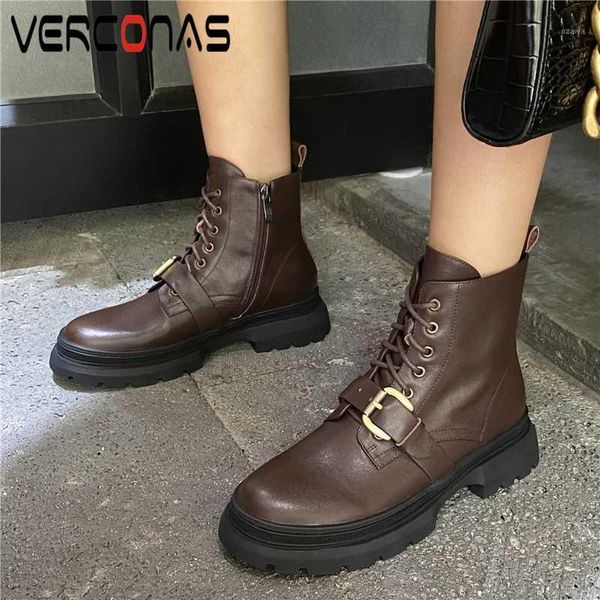 

boots verconas casual women ankle autumn winter buckle shoes woman round toe genuine leather platforms side zipper boots1, Black