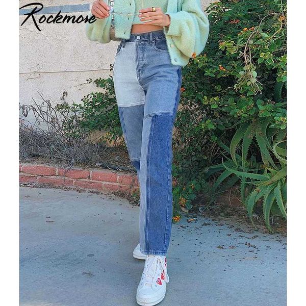 

rockmore y2k patchwork women's jeans high waist denim pants vintage straight pants capris boyfriend trousers female streetwear, Blue