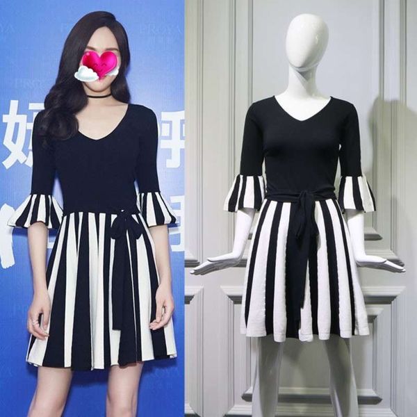 

tang yan's same dress for female xia new korean and white stripe stitching simple temperament black skirt fashion, Black;gray