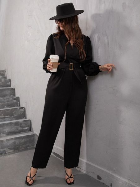 

plus shirred cuff lantern sleeve belted jumpsuit q7yy#, Black
