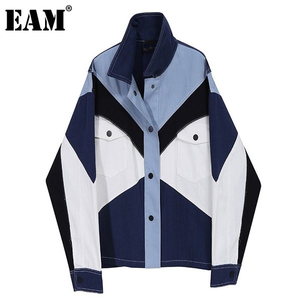 

[eam] loose fit blue conrtast color big size denim jacket new lapel long sleeve women coat fashion spring autumn 1db903 201112, Black;brown