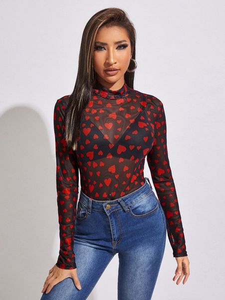 

allover heart print mock neck mesh 57jo#, White