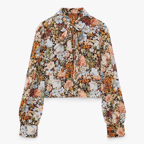 

za woman 2020 long sleeve cropped blouse women vintage tied print chic lapel collar jewel button female floral short shirt, White