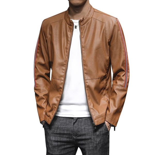 

2020 new spring and autumn men's fashion pu leather jacket male slim fit motorcycle jacket zipper casual leather coat men, Black