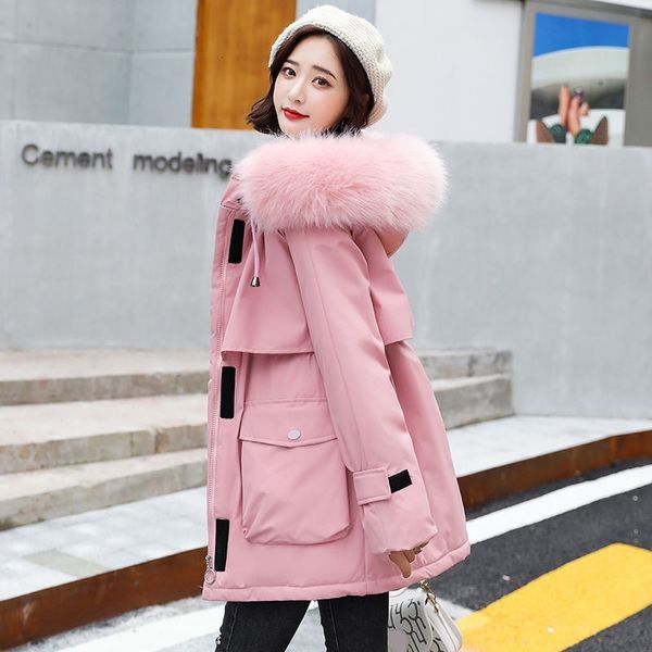

2021 new female mode parka mid-length korean version thicker pie overcome loose large fur collar jacket winter ribb, Black