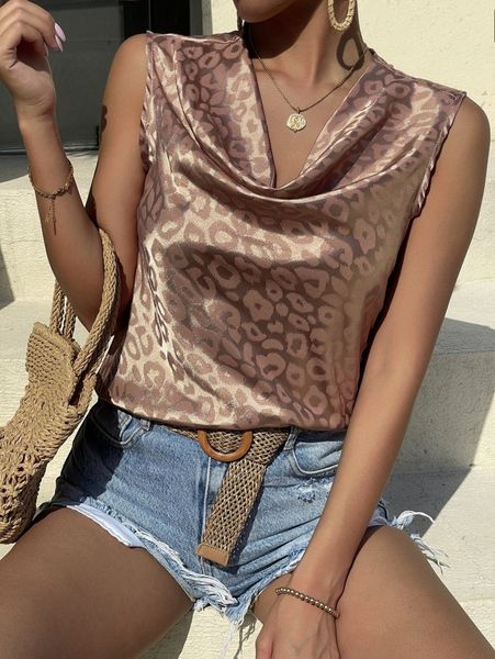 

leopard print draped front blouse w6dp#, White