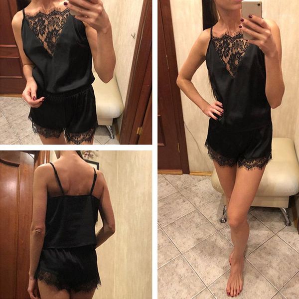 

women summer sleeveless spaghetti strap nightwear lace trim satin +shorts pajamas sets js241, Black;red