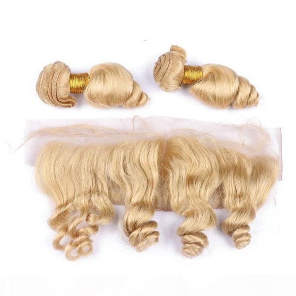 

#613 blonde ear to ear 13x4 lace frontal closure with 2bundles 3pcs lot loose wave wavy virgin bleach blonde human hair with frontal, Black;brown