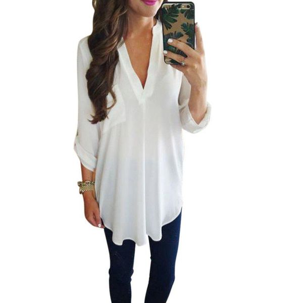 

fashion women's loose three quarter sleeve blouse casual v-neck white green blouse shirt s-3xl