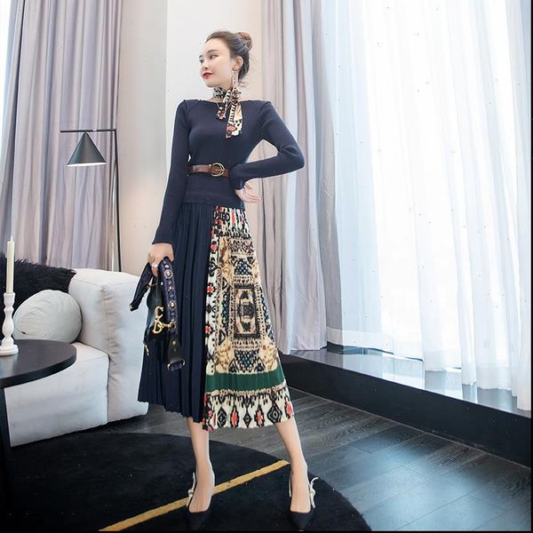 

elegant knitted patchwork pleated midi dress 2021 autumn fashion women long sleeve ethnic retro printing pleated dress with belt, Black;gray