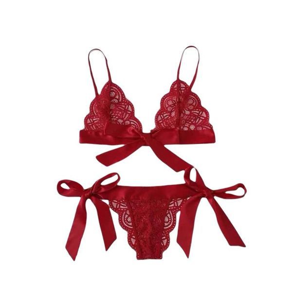 

bras sets women's lingerie set scalloped trim tie side lace bra and panty two-piece suit for wedding nights honeymoon, Red;black