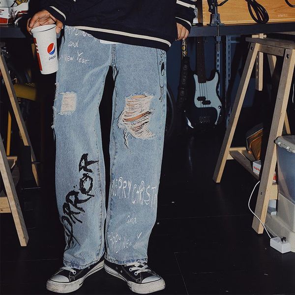 

wholesale 2020 fashion denim casual hip hop loose straight washed blue jeans men's korean ripped graffiti harem cropped pants1