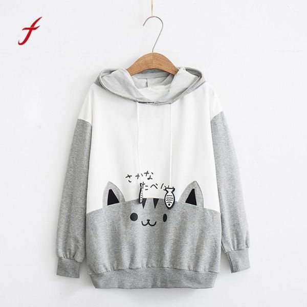 

2018 winter new fashion women pullover long sleeve kitty cat print pocket thin hoodie casual long sleeve hooded pullover1, Black