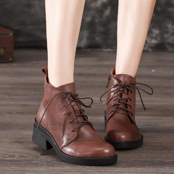 

boots retro style cow full grain natural leather women lace-up black cross-tied round toes riding shoes for winter 2021