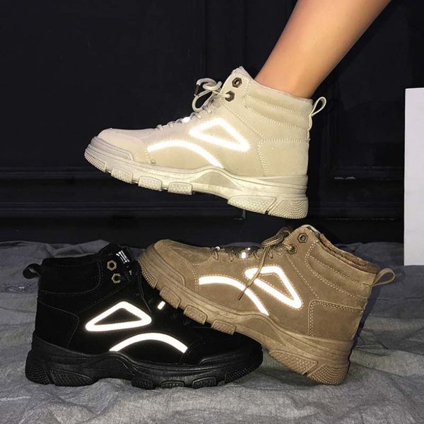 

reflective and cashmere martin boots women's winter with luminous warmth cotton shoes flat bottom all-match high-casual tool boots, Black