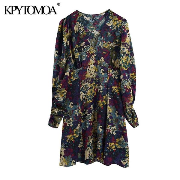 

casual dresses kpytomoa women 2021 chic fashion floral print mini dress vintage v neck long sleeve female vestidos mujer, Black;gray