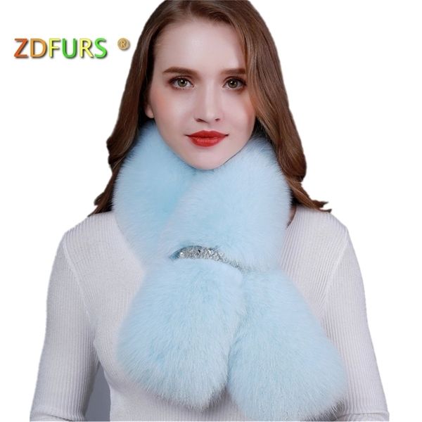 

zdfurs *new winter real shawl fashion long scarf female fox ring coat decoration fur collar y201024, Blue;gray