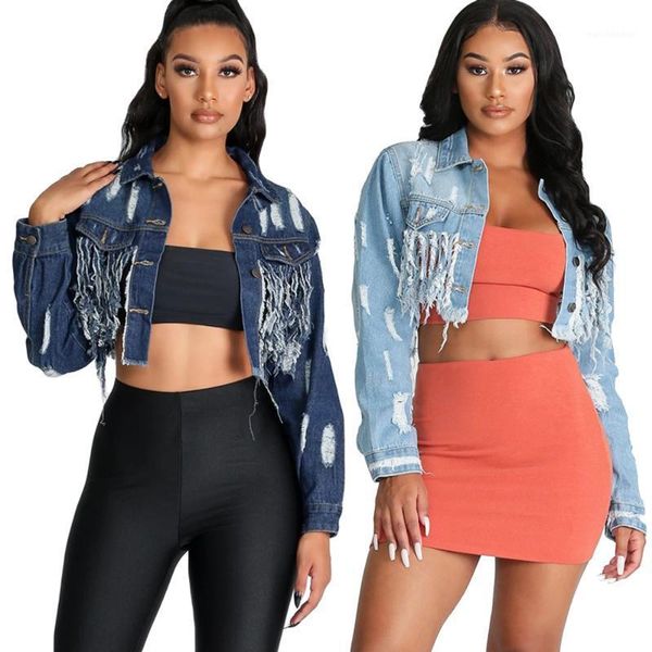 

fashion women ladies denim ripped tassel short cropped coat jeans jacket long sleeve casual outwear hole fringed clothing 1, Black;brown