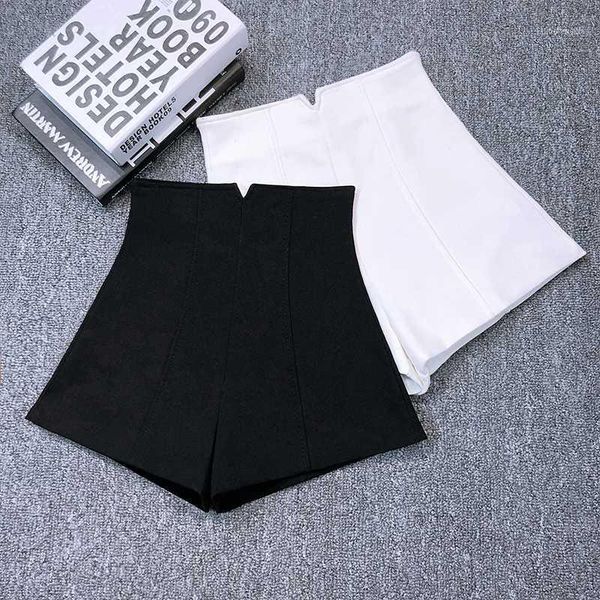 

white black suit shorts women high waist korean elastic short femme elegant wide leg summer and autumn shorts 20201
