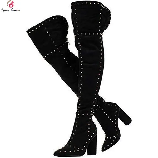 Stiefel Sexy Oberschenkel Hohe Frauen Quadratische Ferse Über Das Knie Lange Weibliche Winter Schuhe Frau Leopard Wildleder Heels Plus Größe 47