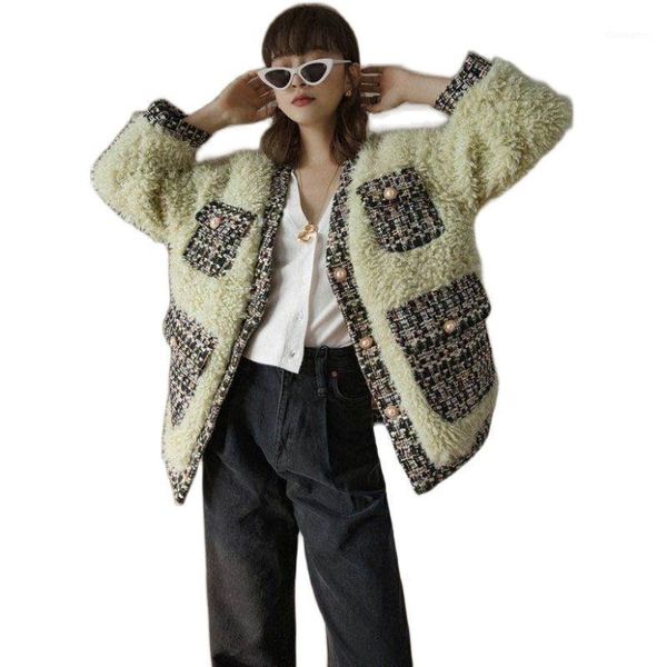 

superaen lamb short new winter patchwork plaid woven coarse flowers loose v neck fur coat women1, Black
